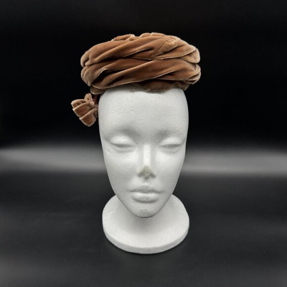 Vintage Pillbox Hat Bow Brown Velvet Junior B Retro Turban Style Mid Century - Picture 2 of 8